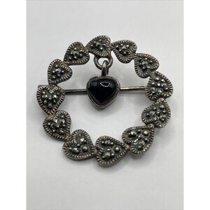 Vintage Sterling Silver 925 Marcasite & Onyx Wreath Heart Brooch Pin  AL5.5‎